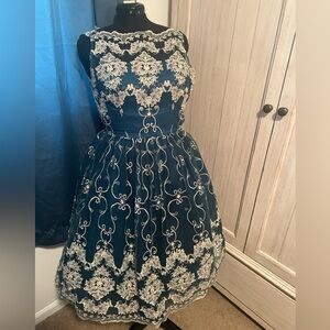 Teal Cocktail Dress with champagne lace detail